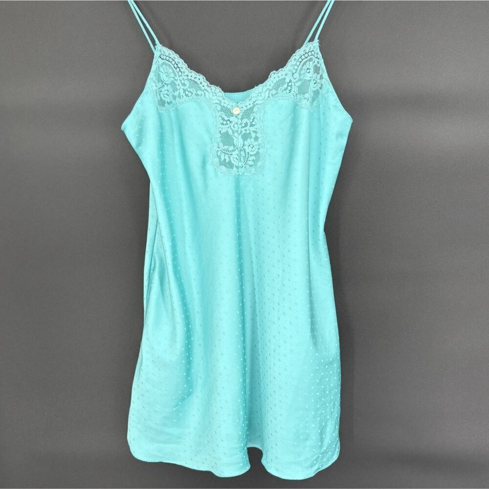 Vintage Victoria's Secret 80's Lace-Trimmed Chemise Nightgown M Aqua Blue USA